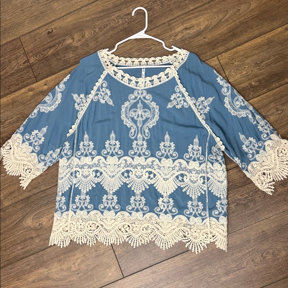 Leo & Nicole Blue Top with Cream Lace Trim
